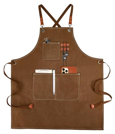 APRONPANDA Cross-Back Chef Aprons for Men Women with Pockets,Cotton Canvas Adjustable Cooking Work Apron for Kitchen,BBQ & Grill,Garden (Brown)