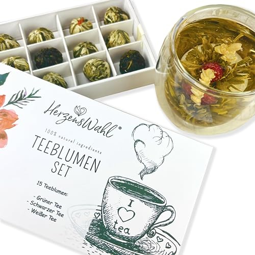 HerzensWahl Coffret cadeau de fleurs de thé - 15 fleurs de thé blanc, thé vert et thé noir dans une boîte à thé - Kit de dégustation de fleurs de thé pour les amateurs de thé avec boîte cadeau