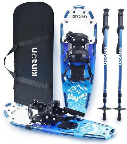 KinZon Racchette da neve 3 in 1, leggere e resistenti, con bastoni da trekking e borsa da trasporto, dispositivo di sollevamento del tallone,per escursioni (Blu, 63,5 cm(per54-86 kg))