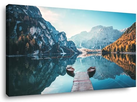 Visario Leinwandbild 120x80 cm 5030 Bergsee Boote Natur Landschaft Wandbild auf Leinwand mit echtem Holzrahmen fertig aufgespannt - Kunstdruck Wanddekoration Wohnzimmer Schlafzimmer Büro moderne