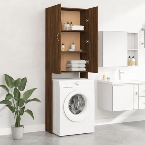 Homgoday Mobile per Lavatrice Rovere Marrone, Armadietto da Pavimento per Bagno 64x25,5x190 cm, Mobiletto da Terra Autoportante, Credenza Armadio Mobiletto Portaoggetti Ripiani Armadio di Stoccaggio
