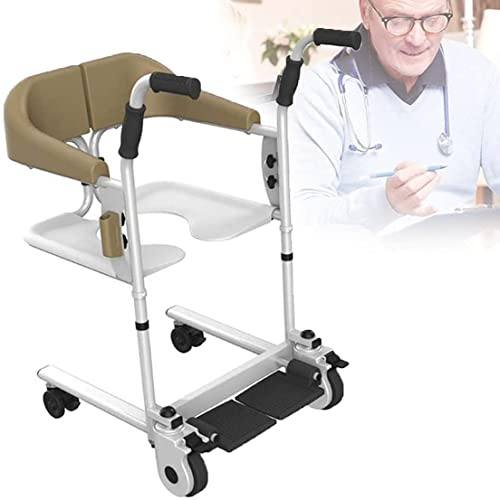 Lift-Rollstuhl für zu Hause, tragbarer Transferlifter mit 180° geteiltem Sitz, Toilettenstuhl am Nachttisch, manueller Lift für ältere, behinderte Senioren – maximale Belastung 264 lbs (braun)
