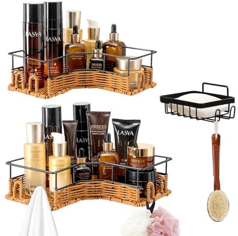 Imcrasy Eck-Duschablage, Handgefertigtes Rattan-Duschregal ohne Bohren, Edelstahl & PP Rattan, 55 lbs Tragkraft, Belüftet, Großes Fassungsvermögen, Badezimmer Regal, Duschregal, Shampoo Halterung