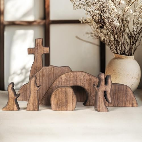 NEROSUN Empty Tomb Easter Scene and Cross Decoration, Wooden Jesus Resurrection Nativity Set, Religious Christian Tabletop Decor for Home Office Christian