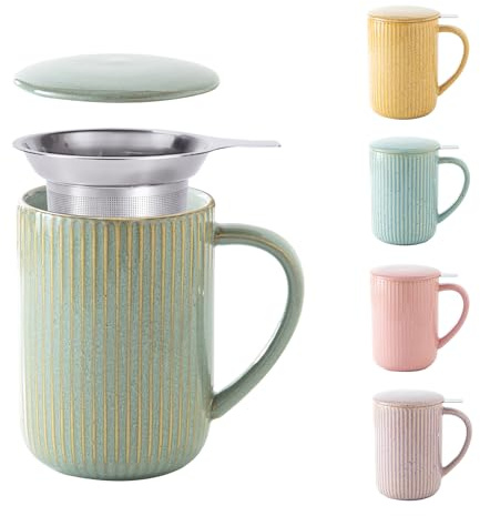 Yundu Tazas de té de cerámica verde flambe de 470 ml con infusor y tapa, taza de té de hojas sueltas