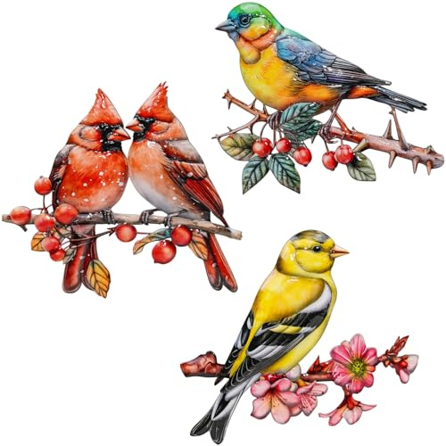 YOADEHOA 3PCS Metall Vögel Wandkunst Dekor Vogel auf Zweig, 3D bunte Vögel Outdoor hängende Wandkunst Patio Zaun Dekorationen, Kolibri Wandskulpturen für Indoor Outdoor Garden (Birds A)