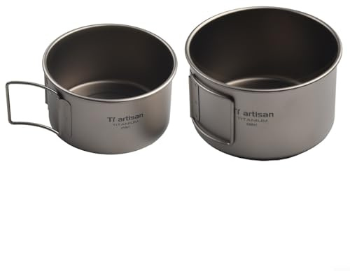 Honseadek Ciotola da campeggio in titanio con manico pieghevole, contenitore per alimenti da 450 ml e 600 ml, per uso esterno, leggero e resistente alla ruggine (450 ml con ciotole da 600 ml senza