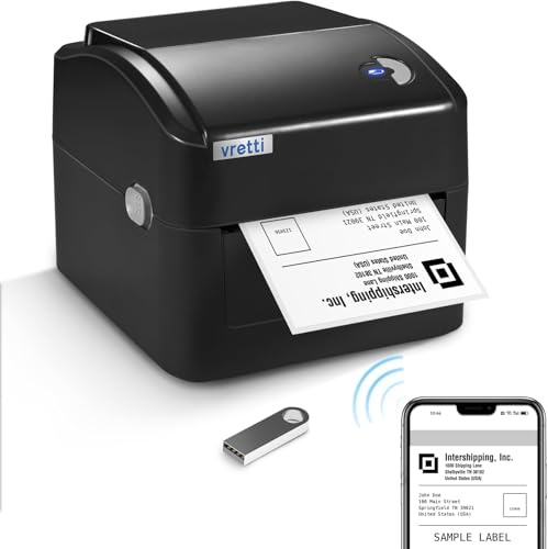 vretti Etikettskrivare WiFi & USB [2025] – DHL etikettskrivare 4 x 6 med XXL-papperslager | 99,99 % skanningssäkerhet, 3-vägs skrivarhuvud, kompatibel med Amazon, Shopify, DHL, UPS, utan toner