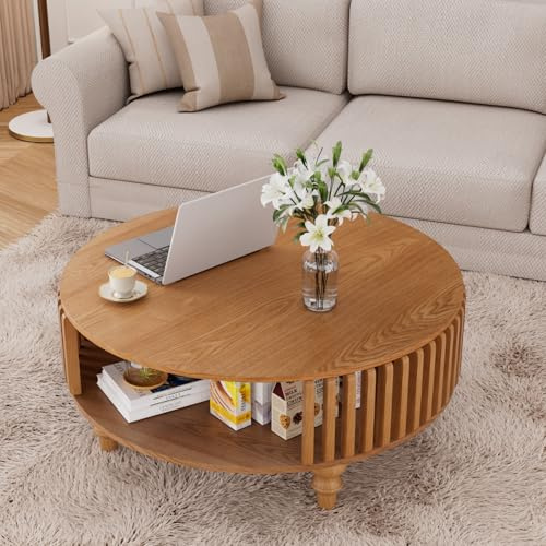 Mesa auxiliar redonda con almacenamiento de 2 niveles, moderna mesa de centro de madera con decoración de rejilla lateral, mesa central circular para sala de estar, oficina, apartamento, espacio