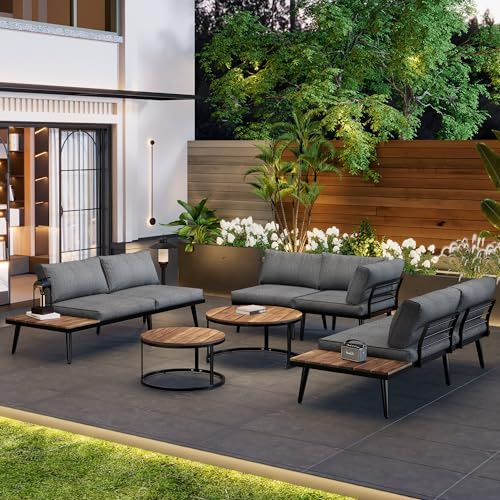 Yihomfy Set di mobili da esterno per 7 a 8 persone,soggiorno da giardino esterno 6 posti con 2 divani a 2 posti, 2 divani 1 posto, 2 tavoli da pranzo e cuscini