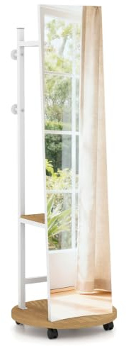 GIANTEX Miroir sur Pied avec Porte-Manteaux sur Pied, Porte-Vêtements avec Verre Incassable, Crochets, Étagères de Rangement, Roues Verrouillables, Grand Miroir pour Salon, Chambre à Coucher (Blanc)