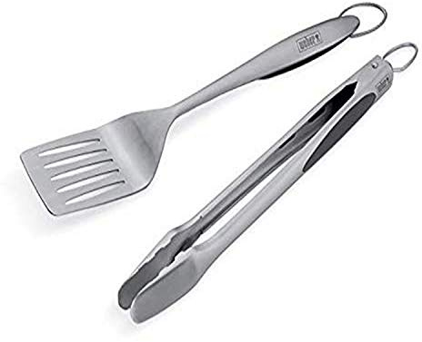 Weber Deluxe Tool Set – Stainless Steel Grill Spatula & Hands‑Free Locking Tongs with Soft‑Touch Ergonomic Grip