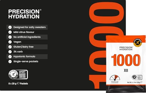 Precision Hydration Mélange de Boisson Électrolyte - Sans ingrédients artificiels, Poudres d'Électrolytes à Plusieurs Concentrations - Portions Individuelles Étanches - (Pack of 8, 1000 mg/L - Orange)