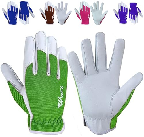 WFX Guanti da lavoro in pelle da giardinaggio, traspiranti, a prova di spine, resistenti guanti da giardinaggio da donna e da uomo (Verde, S)