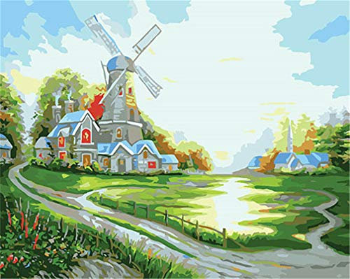 Amiiba Malen nach Zahlen Kits Windmühle Hütte Dschungel Pfad 40,6 x 50,8 cm Acryl Gemälde nach Zahlen Wandkunst Basteln (Windmühle mit Rahmen)