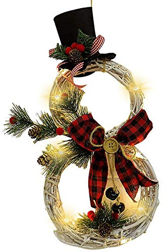 Led-Weihnachtskranz, Beleuchteter Weihnachtskranz, Weihnachts-TüRkranz, Weinrebenkranz, HäNgende Girlande, Schneemann-Form Weinrebenkranz Mit Hut Und Schleife, FüR HaustüR Und Wand (Schwarz-rotes)