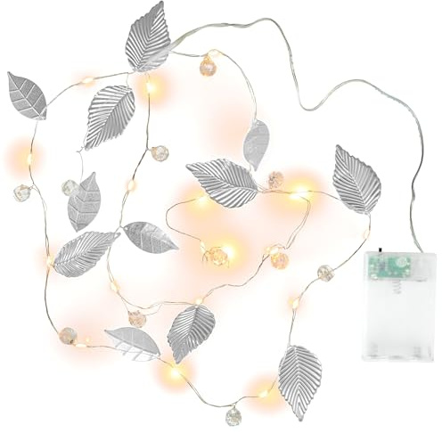 Nipach GmbH Lichterkette „Perlen + Blätter“ SILBER 20 LED warm weiß Batterie Timer Xmas Weihnachtsbeleuchtung