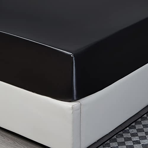Nayoroom Spannbettlaken Satin 180x200cm Schwarz Seide Glanzsatin Glatt und Bequem Microfaser Spannbetttuch Bettlaken für Boxspringbett Topper Matratze bis 25 cm