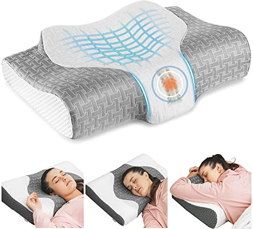 Elviros Orthopädisches Kissen aus Memory Foam, Kopfkissen Nackenschmerzen, Ergonomisches Schlafkissen, Nackenhörnchen, Nackenstützkissen, 61 x 8,5/12,5 x 43cm