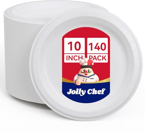 JOLLY CHEF10 inch 140 Pack Disposable Paper Plates,Soak Proof, Cut Proof, Microwave Safe Heavy Duty Paper Plates Everyday Use