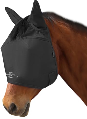 Harrison Howard UV-beständige Multifunktionsgewebe Dicke Fleece Polsterung Pferd Fliegenmaske Halbgesicht mit Ohren schwarz arabisch mittel