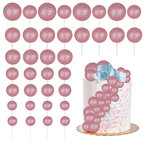 30Pcs Balls Cake Topper Glitter Foam Ball Cake Picks Faux Pearl Ball Shaped Cupcake Insert Cake Topper for Baby Shower Wedding Anniversary Kids Birthday Graduation Party Cake Decorations Pink
