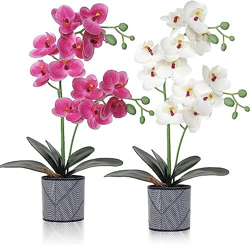 LOMOHOO Künstliche Orchideenblumen im Topf (52cm), 2 Stück eingetopfte Orchideenblüten Gefälschte Orchideen mit Plastikvase für Tischdekoration Wohnkultur Büro Hochzeitsfeier Dekoration (Lila & Weiß)