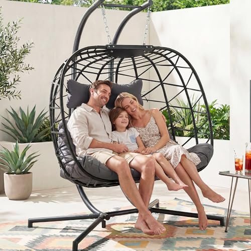NICESOUL Double Egg Chair Outdoor Indoor, Oversized 2 Person Swing with Stand, All-Weather Wicker Large Hanging Loveseat, Heavy Duty Patio Swinging Seat with Cushion for Balcony, Dark Grey