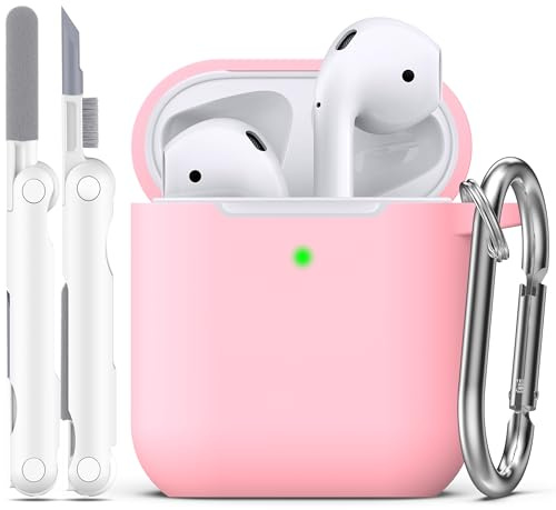 R-fun Kompatibel mit AirPods 2. Generation 2019 Case, 1. Gen 2016 Hülle Case Cover mit Reinigungsset und Schlüsselanhänger, weicher Silikonschutz für Apple AirPods Hülle, Rosa