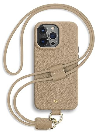 WIIUKA Hülle für iPhone 15 Pro, Leder aus Deutschland, Lederhülle Handykette, Premium Handyhülle, Case, Kette Band Umhängen, Beige