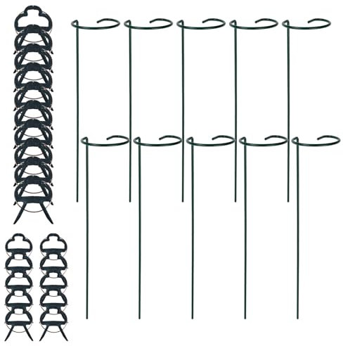 Catime 10 Pezzi Paletto per Piante da Giardino in Metallo, Pali di Supporto de Stelo Singolo per Piante, Pali di Sostegno della Pianta, Palo con 20 Clips per Fiori Rose Verdura Rampicanti