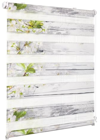 Deswell Doppelrollo Klemmfix ohne Bohren Weiß-Blüten B80 x H120 cm (Stoffbreite 76cm) Rollos für Fenster ohne Bohren mit Blüten Motiv Duorollo für Lichtdurchlässig Höhe Stufenlos Verstellbar