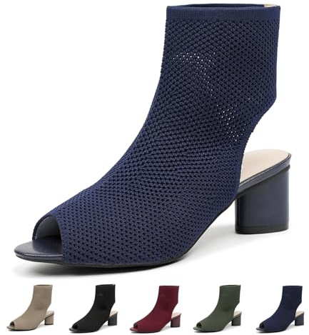 Zeberfi Women's Knit Peep Toe Slingback Chunky Heel Ankle Boots Open Pointed Toe Hollow Heeled Sandals Summer Casual Slip On Dress Sock Booties (Blue,9,9)