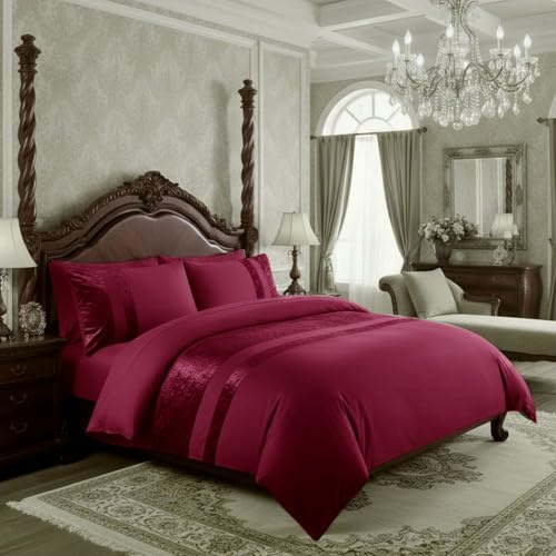 Casabella Parure de lit de luxe en velours écrasé avec housse de couette et taie d'oreiller - Parure de lit double en velours écrasé bordeaux