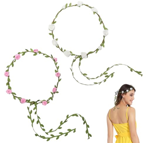 VAEIORP 2 Pcs Blumenkranz Haare Blumenkrone Damen Mädchen Boho Blumen Haarband Braut Rosen Haarreif Stirnband mit Blättern Hochzeit Party Kommunion Geburtstag Kopfschmuck Weiß Rosa