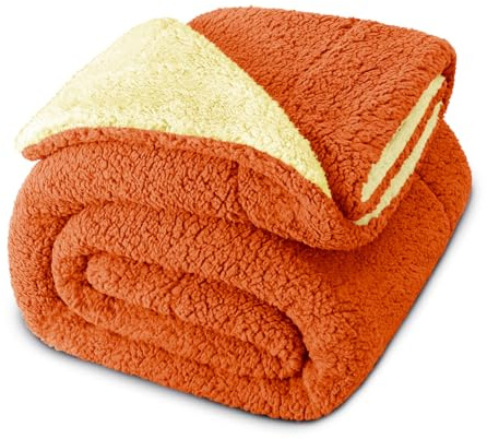 Exclusivo Mezcla Double Size Reversible Sherpa Fleece Blanket, Thick and Warm Blankets for Winter, Soft Plush Fluffy for Bed, 150x200 CM, Orange/Yellow