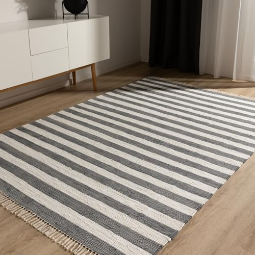 benuta Pop Tappeto cotone Tom - Grigio/Crema 60x100 cm - Tessuto a mano per camera da letto, salotto, soggiorno - Riciclato - Adatto al riscaldamento a pavimento