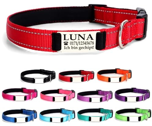 Ibera gifts - Hundehalsband Personalisiert, Hundehalsband Mit Namen Für Mittelgroße Hunde, 35-50 cm, Reflektierend (Rot, M Mittelgroß)