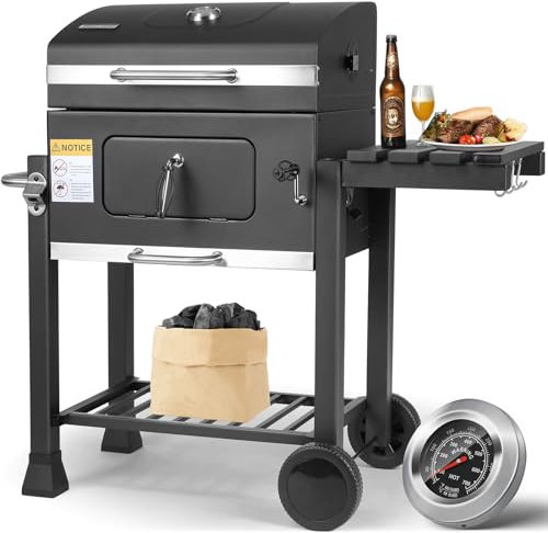 Schwarz Holzkohlegrill XL, Grillwagen Holzkohle, Groß Kohlegrill, Smoker Holzkohlegrill mit Deckel, 2PCS Räder, Grillrost, Thermometer und Edelstahl-Griff, Höhenverstellbar, BBQ Grill für Camping
