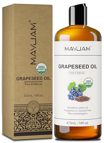 MAYJAM Traubenkernöl Bio 473ML, Hautöl Reparatur und Pflege | Hochwertiges Kaltgepresst Trägeröl Rein und Natürlich für Haut, Haar, Körper, Massage, USDA Organic, Grapeseed Oil