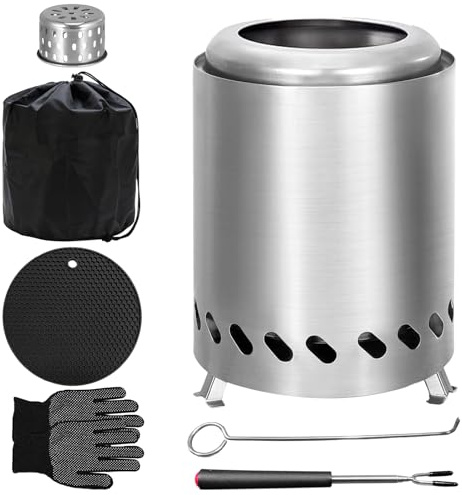 Rauchfreie Tisch-Feuerstelle - 2026 Verbesserte tragbare Edelstahl-Feuerstelle für Camping, Terrasse, Garten | Airflow Rack, Haken, Tragetasche, Handschuhe, hitzebeständige Matte, einziehbare