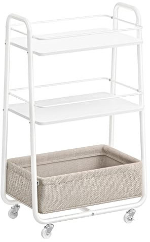 VASAGLE LILEA Collection - Storage Cart with Fabric Basket, 3-Tier Rolling Utility Cart with Wheels and Shelves, for Living Room Bedroom Kitchen, Cloud White and Camel Brown ULRC001WB01