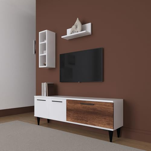 Smart Home Art Wohnwand 3-teilig – TV-Lowboard Set 140 cm mit Haengeschrank & Wandregal, Weiss & Walnuss-Optik, Fuer Fernseher bis 55 Zoll