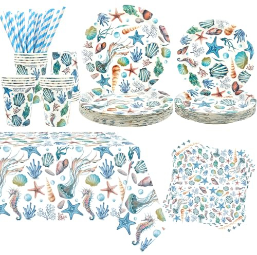 Obussgar Shells Party Decoration - Shells Birthday Party Tableware Supplies Includes Plates, Cups, Napkins, Tablecloth, Straws - Serves 20