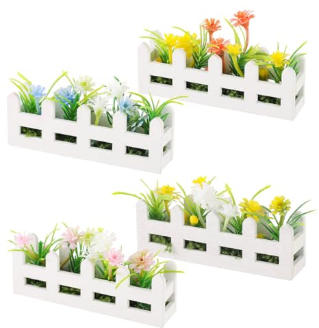 Gatuida Miniature Dollhouse Fence 4Pcs Set with Tiny Artificial Greenery for Balcony Window Box Decor Simulation Plant Decoration for Mini Garden and Dollhouse Accessories