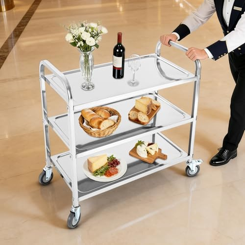 meiliwmlo 3 Etagen Edelstahl 201 Servierwagen ServiceWagen Küchenwagen Lebensmittelwagen Regal mit Universalrollen Tragkraft 60-75KG für Restaurants Küchen Wohnzimmer Krankenhäuser usw (85×45×90 cm)