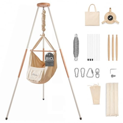 Swollie Premium Baby Federwiege mit Tipi-Gestell - Beige Federwiege mit beigem Tipi-Gestell - für Babys ab Geburt - Bio-Baumwolle