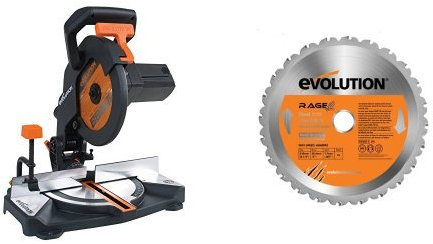 Evolution Power Tools R210-CMS Multi-Purpose Compound Mitre Saw, 210 mm, 110 V with RAGE Multi-Purpose Carbide-Tipped Blade, 210 mm