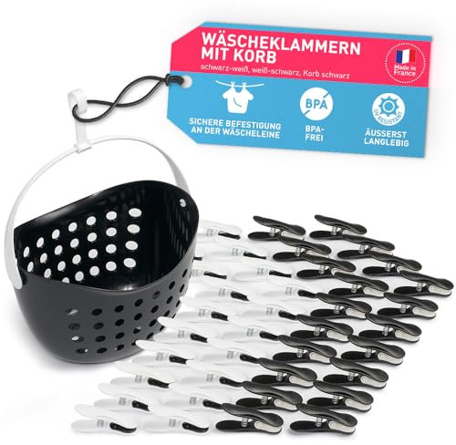 culiclean 40 Pinzas con Cesta para Tender Ropa Que No Dejan Marca Cesta Pinzas Ropa Tender – Plástico Resistente y BPA-Free – Fabricado en Francia – Soft Clip, Negro-Blanco, Blanco-Negro, Cesta Negro