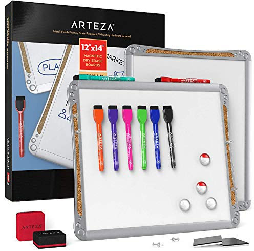 Arteza Juego de pizarras magnéticas con marco plateado | 21,6 x 27,9 cm | Paquete de 2 pizarras de borrado en seco con rotuladores e imanes | Para el cole, el hogar, la oficina, y proyectos creativos